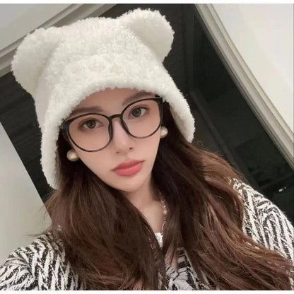 maoxiangshop Cute Bear Ear Wool Hat Winter Beanies Warm Lace-up Ear Protection Knitted Bomber Cap Bonnets Knitting Korea Women Warm Gorros