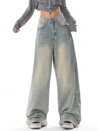 maoxiangshopWomen's American Vintage Washed Thin Jeans Street Casual Neutral Style Blue Denim Trousers Female High Waist Straight Pants
