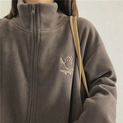 Y2k Women Embroidery Zip Up Hoodie Fleece Jacket Thick Warm Winter Plush Zipper Sweatshirt Outwear Hoodies Tops Clothes