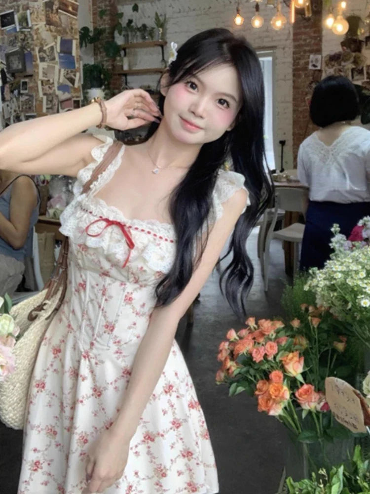 Summer French Elegant Floral Midi Dress Beach Style Korean Fashion Lace Dress Evening Party Sexy Sleeveless Dress Woman Chic