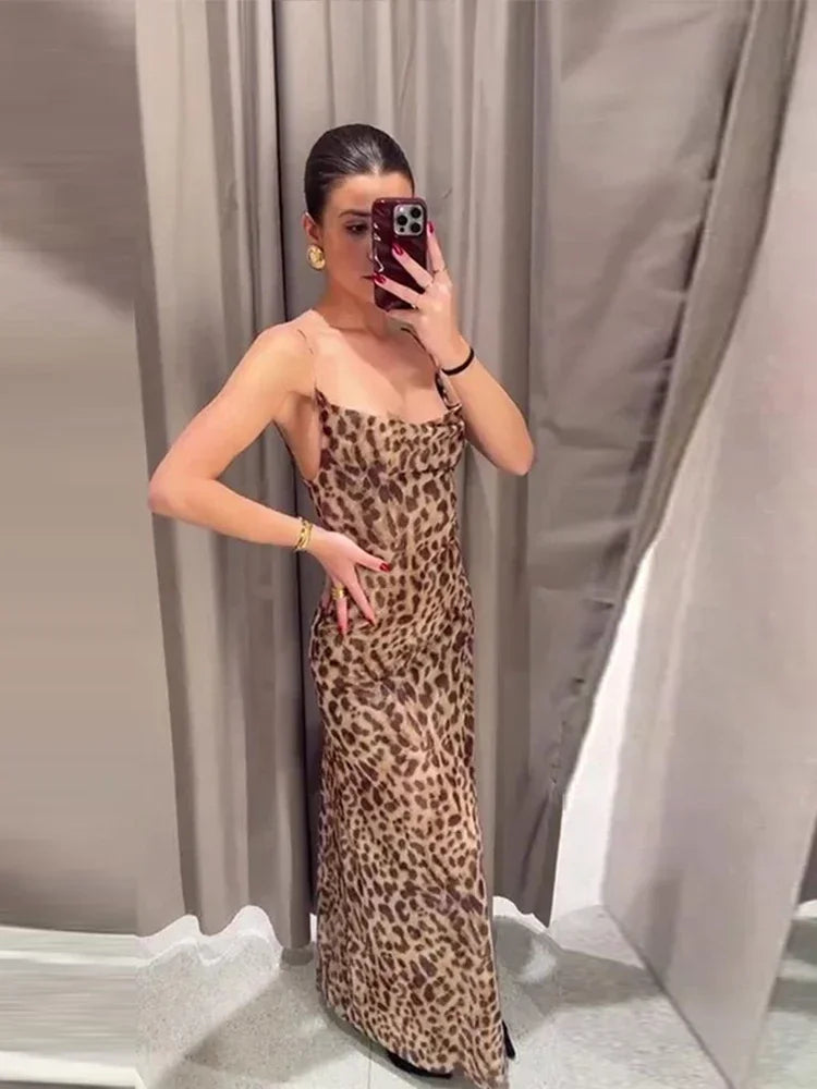 New Leopard Print Sling Maxi Dress For Women 2024 Summer Elegant Backless Sleeveless Slip Long Dress Female Sexy Party Vestidos