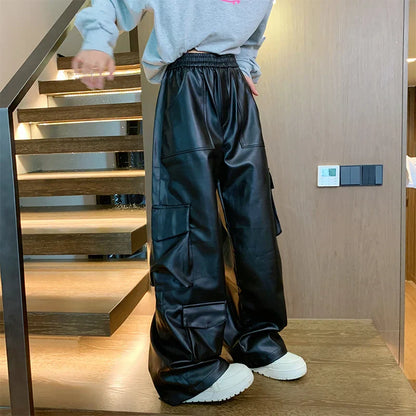 maoxiangshop 90s Streetwear Black Leather Pants Men Oversized Retro Pocket Cargo Pants Men Streetwear Hip-hop Loose Wide Leg Pants Mens Motorcycle Trousers