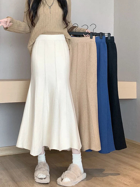 maoxiangshop Knitted Long Skirt for Women Fashion Korean Autumn Winter Ankle-Length Casual Slim Midi Skirt Solid Elegant Women's Skirts