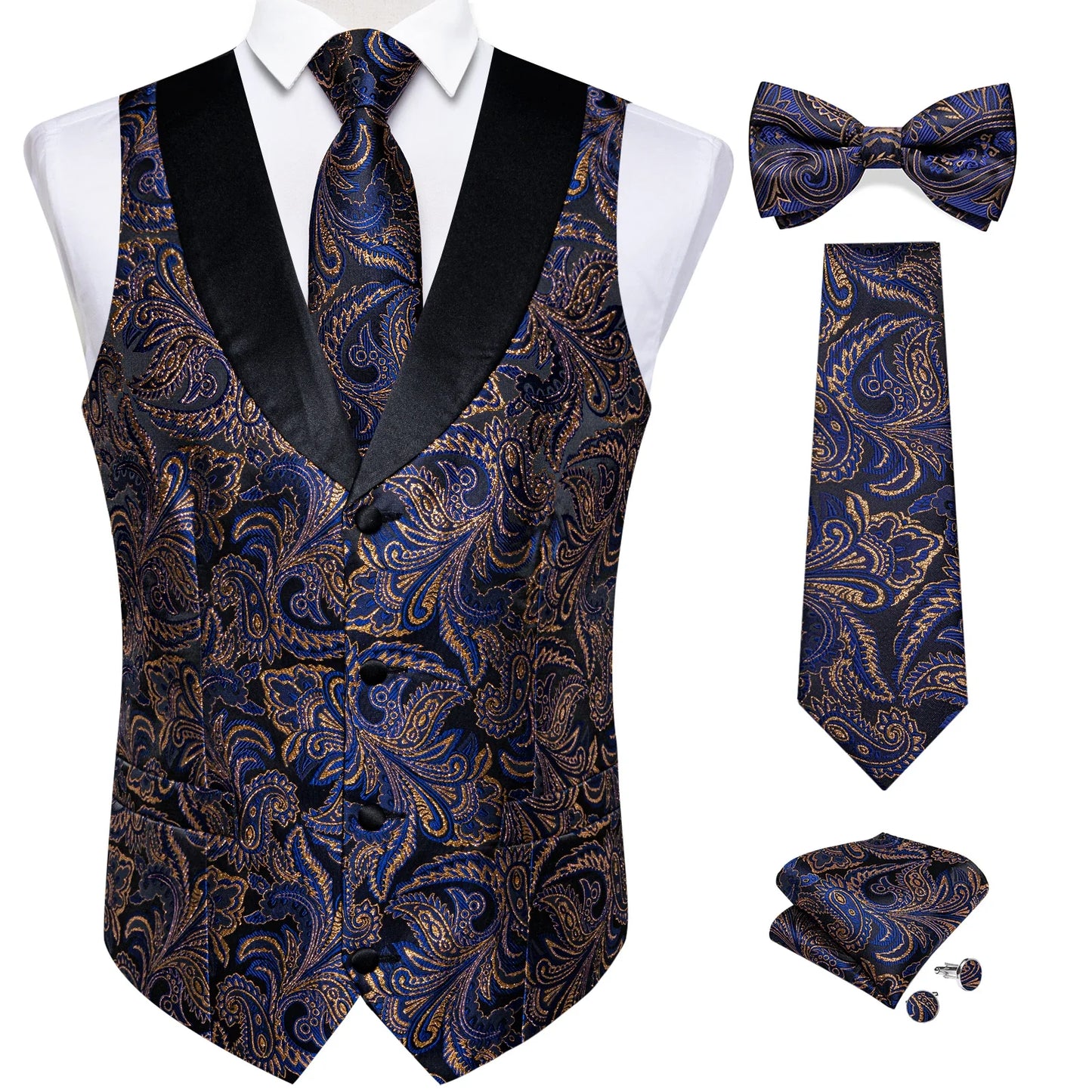 maoxiangshop Brand Suit Vest Set For Men Luxury Silk Black Gold Paisley Dress Vest Tie Cufflinks Handkerchief Set Male Sleeveless Waistcoat