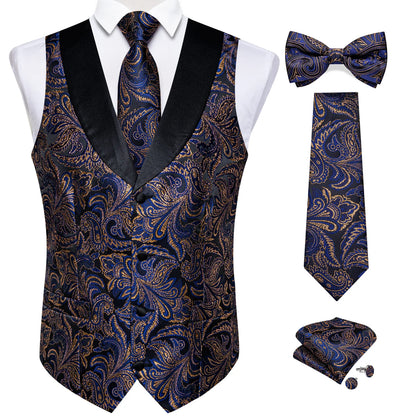 maoxiangshop Brand Suit Vest Set For Men Luxury Silk Black Gold Paisley Dress Vest Tie Cufflinks Handkerchief Set Male Sleeveless Waistcoat