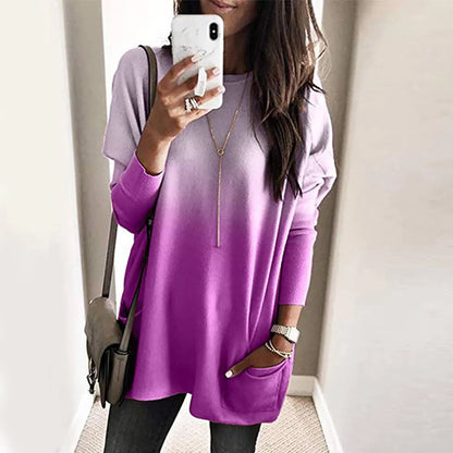 maoxiangshop Women‘s Long Sleeve Pocket Tunic Autumn Tops Blouse Shirt Gradient Loose Winter Jumper Pullover Plus Size Clothes Clothing