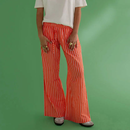 Women's Y2K Vintage Summer Baggy Long Pants Drawstring Elastic Low Waist Wide Leg Striped Trousers with 2 Pockets