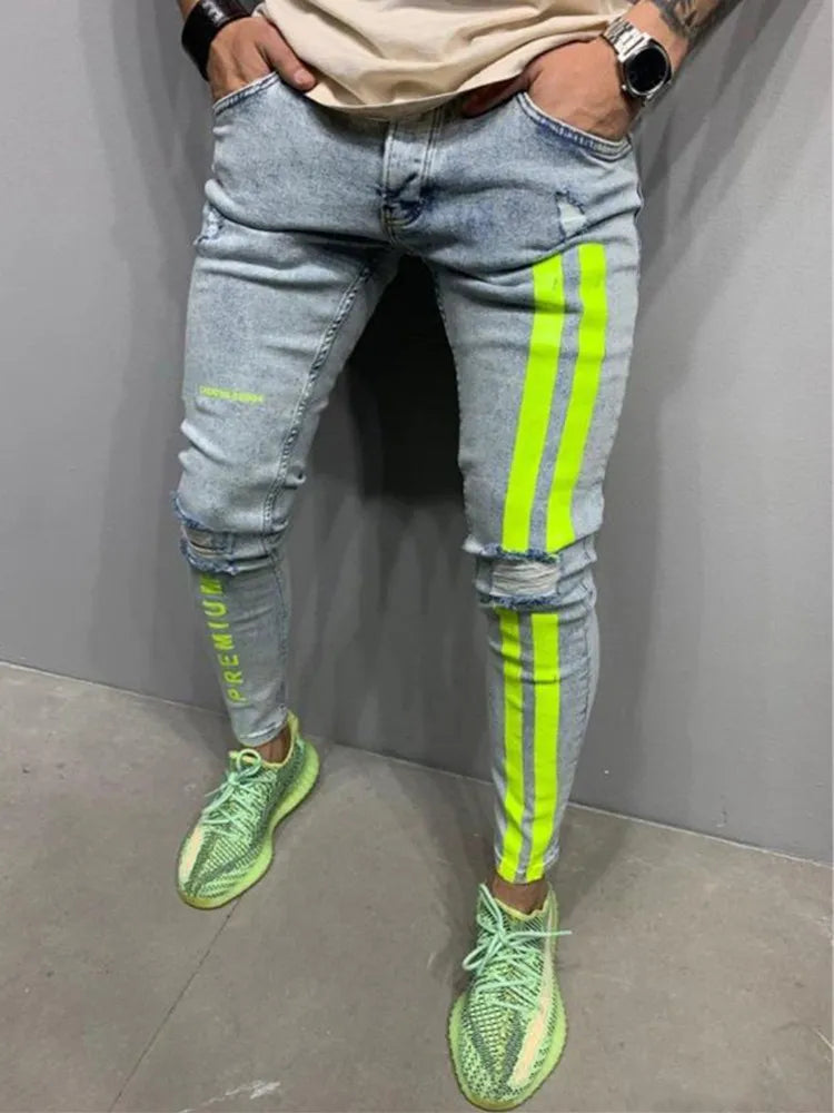 maoxiangshop Men Jeans Knee Hole Ripped Stretch Skinny Denim Pants Solid Color Black Blue Autumn Summer Hip-Hop Style Slim Fit Trousers S-4XL