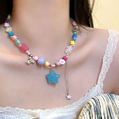 maoxiangshop Y2K Dopamine Cartoon Star Pendant Necklace for Women Girls Colourful Butterfly Necklaces Cute Beads Clavicle Chain Jewelry