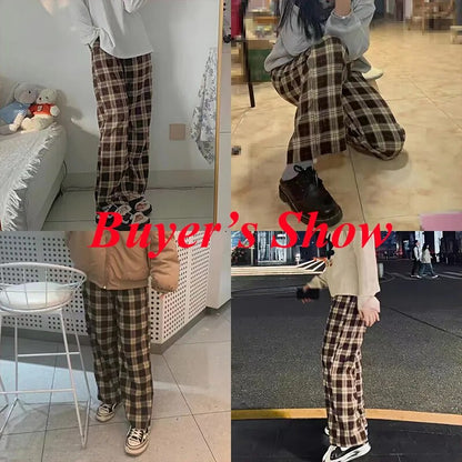 maoxiangshop High Waist Women's Brown Plaid Pants Streetwear Oversize Wide Leg Checkered Trousers Woman Loose Y2K Retro Sweatpants Mujer