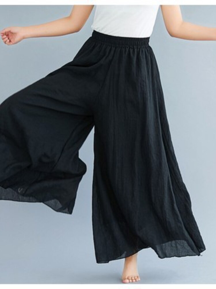 Summer Nine-point Pants Cotton and Linen Elastic Waist Loose Type Mid-waist Temperament Commuter Wide-leg Pants