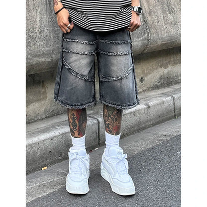 maoxiangshop American High Street Men's Wide Leg Denim Shorts Summer New Fashion Casual Baggy Short Jeans Male Chic Burrs Clothes