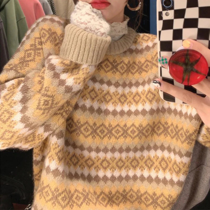 maoxiangshop Fair Isle Sweater Argyle Oversized Crew Neck Pullovers Women Knit Jumper Autumn Winter Vintage Outfit