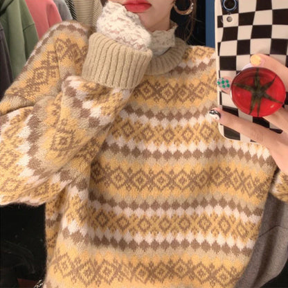 maoxiangshop Fair Isle Sweater Argyle Oversized Crew Neck Pullovers Women Knit Jumper Autumn Winter Vintage Outfit