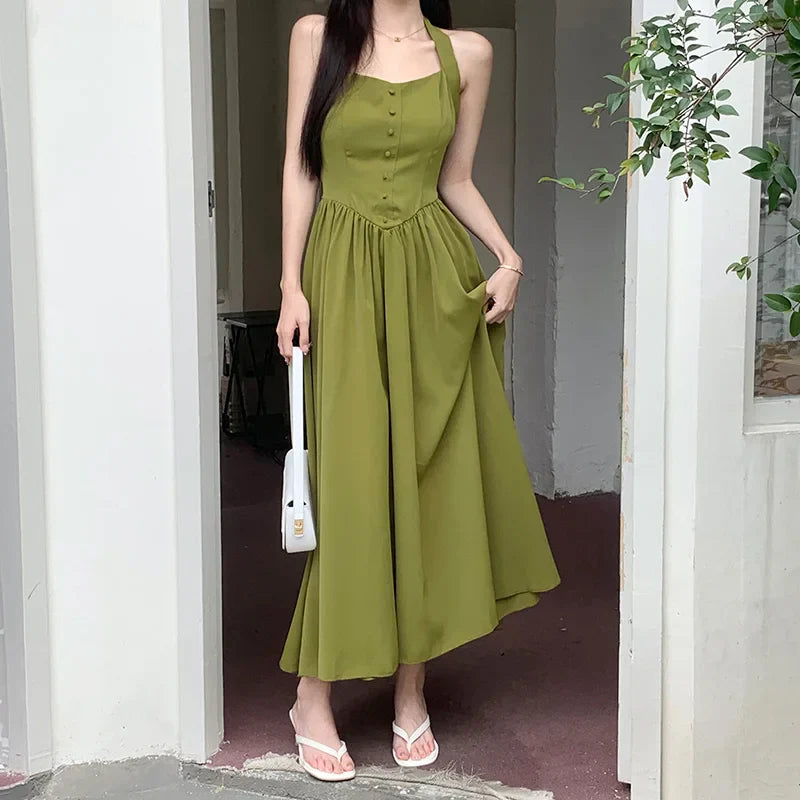 maoxiangshop-Women's elegant dress 2024 Spring Festival new Europe and the United States tied avocado color neck A pendulum long skirt