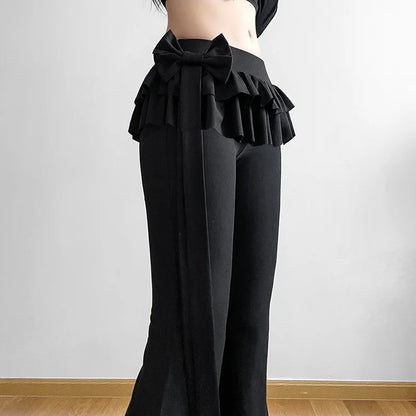 maoxiangshop -  2024 Spring Solid Casual High Waist Women Pants Black High Stretch Lace Up Trousers Female Winter New Ruffle Outside Streetwear