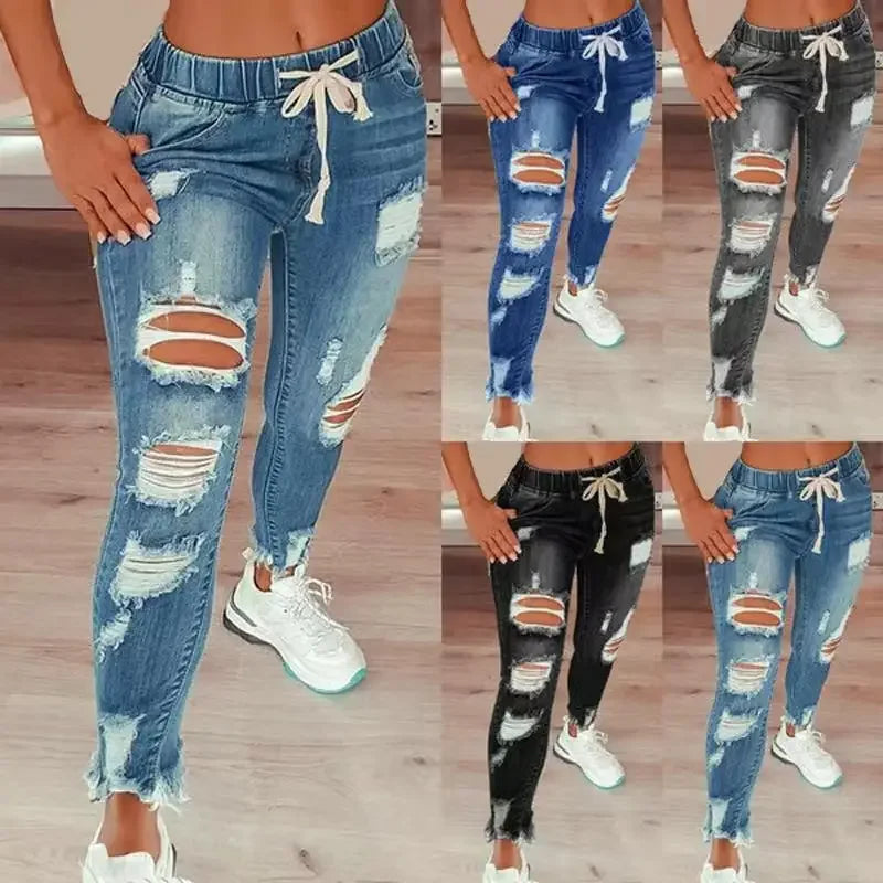 maoxiangshop Ripped Elastic Waist Drawstring Jeans for Women European and American High Waist Ripped Jeans for Women