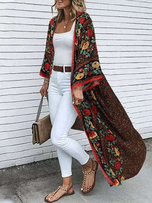 maoxiangshopFashion Vintage Long Sleeve Blouse Bohemian Women Summer Cardigan Beach Holiday Shirt Long Tops Floral Print Kimono