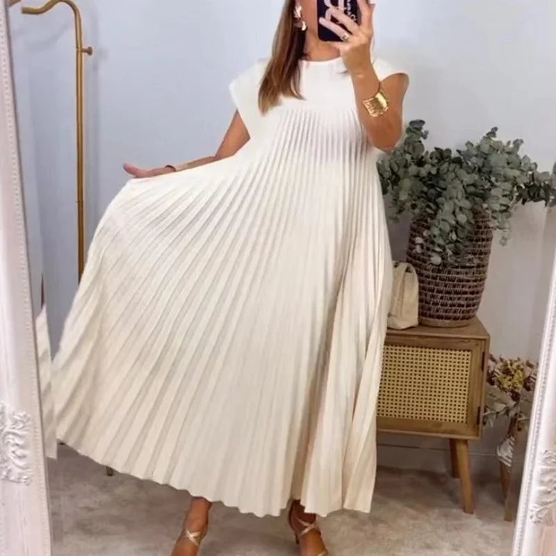 maoxiangshop Solid Color Loose Swing Sleeveless Long Dress Female Round Collar Basic Pleated Dress Spring Summer Casual Wome Beach Boho Robe