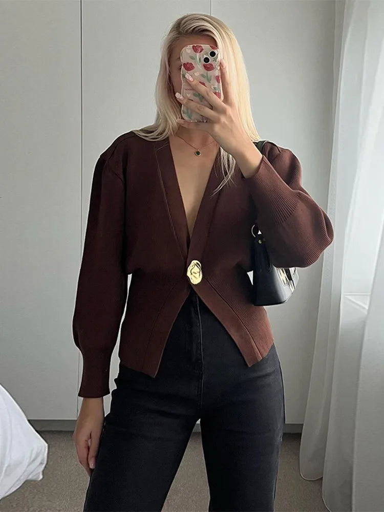 maoxiangshop  -  Vintage Brown One Button Knitted Cardigan Women Fashion V Neck Full Sleeves Cropped Sweater Autumn Elegant Lady High Street Tops