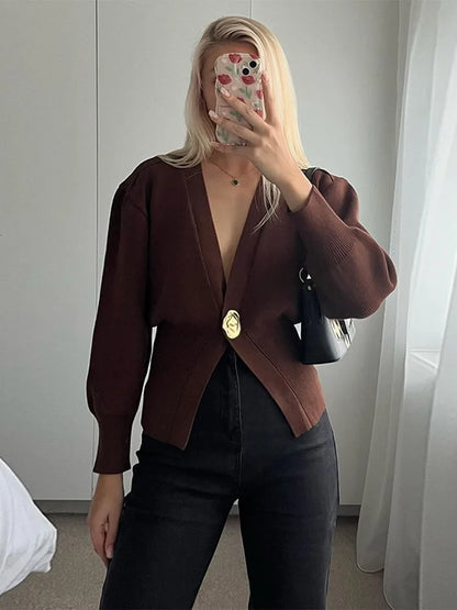 maoxiangshop  -  Vintage Brown One Button Knitted Cardigan Women Fashion V Neck Full Sleeves Cropped Sweater Autumn Elegant Lady High Street Tops