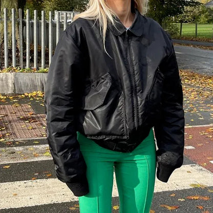 maoxiangshop  -  Autumn and Winter New Fashion Casual Lapel Stitching Jacket Loose Zipper Lapel Warm Jacket Casual Top women clothes