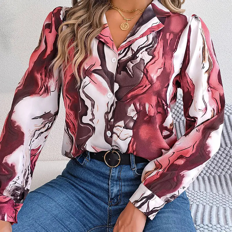 maoxiangshop Elegant Tie-dye Women's Shirt Autumn Puff Long Sleeve Tops Youth Red Shirts & Blouses Casual Button Blouse New Collection