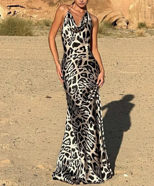 Satin Leopard Print Swinging Collar Backless Maxi Dress Halter Straps Elegant Evening Party Classic Prom Vestido
