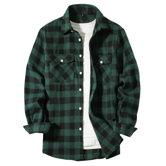 maoxiangshop Men's Shirts Button-Up Classic Plaid Smart Casual Flannel Shirt Long Sleeved Chest Two Pockets Design Spring Autumn Men Tops