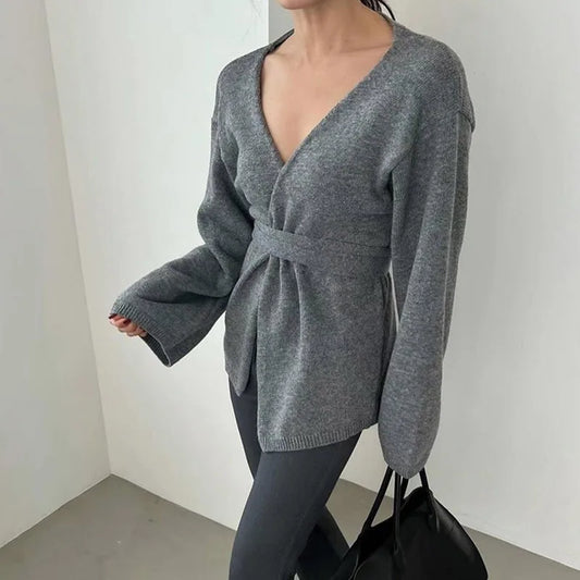 maoxiangshop  -  Elegant Knitted Cardigan With Belt Women Casual V-neck Long Sleeve Loose Sweater 2024 Autumn New Office Lady Lazy Tops Knitwear