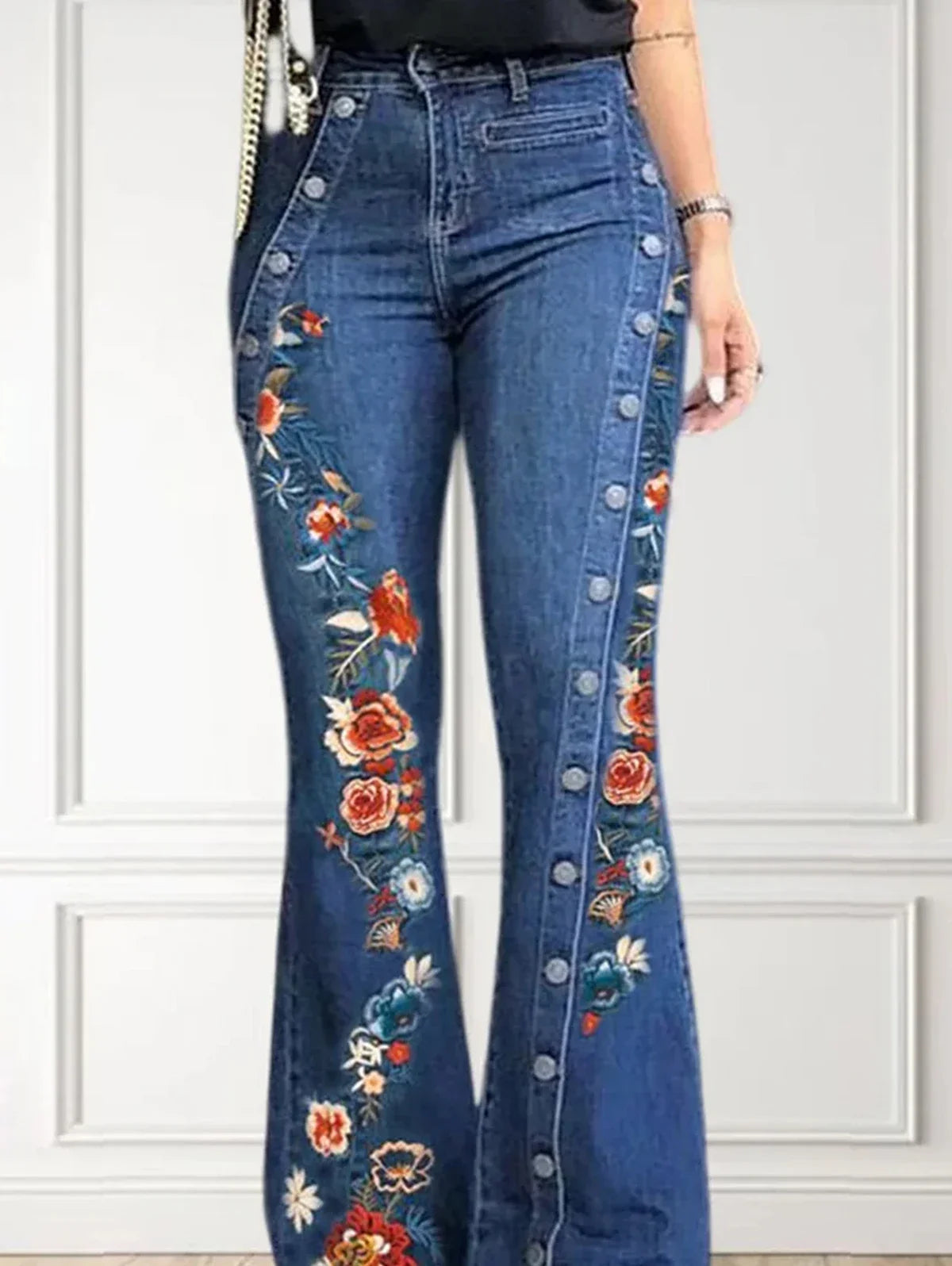 maoxiangshop Women Fashion Plain Button Decor Flare Leg Long Denim Pants Floral Embroidery Ladies High Waist Skinny Bottom Wide Leg Jeans