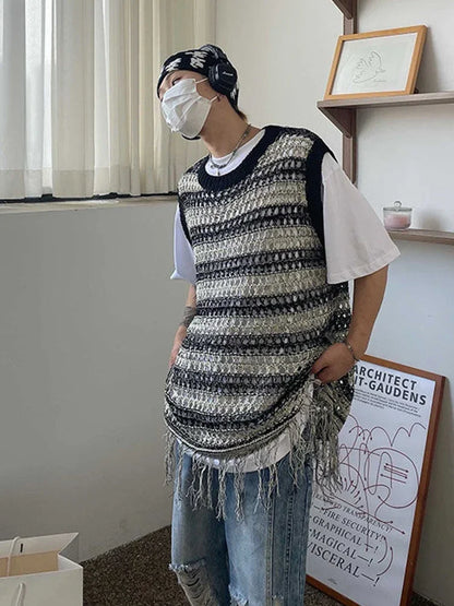maoxiangshop Striped Mesh Vest for Men Vintage Knit Tank Tops Sleeveless Tee Male Casual Summer Beach Japanese Streetwear Hip Hop