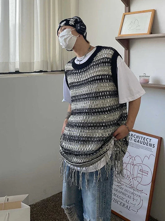 maoxiangshop Striped Mesh Vest for Men Vintage Knit Tank Tops Sleeveless Tee Male Casual Summer Beach Japanese Streetwear Hip Hop