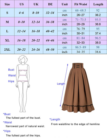 maoxiangshop Women Renaissance Swing Skirt High Waist Ruffled Hem Maxi Skirt Vintage Long Length Skirts With Pockets Office Workwear A20