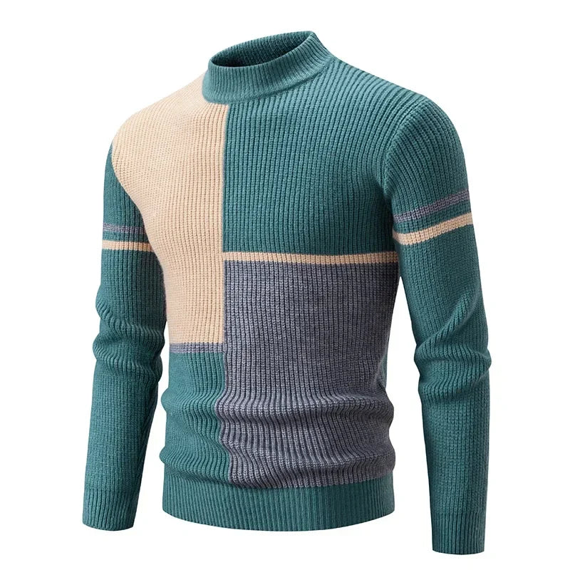 maoxiangshop Men's Autumn Winter New Mock Neck Pullovers Fashion Patchwork Knitted Warm Sweater Man Slim Fit Casual Knitwear Sweaters Tops