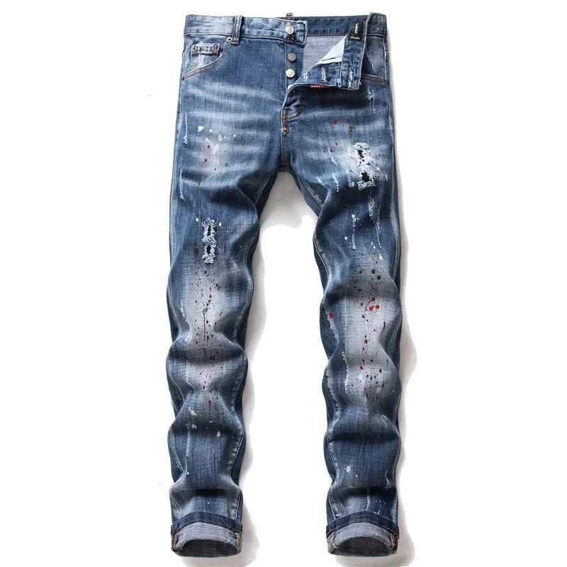 maoxiangshop Men Blue Denim Jeans Skinny Holes Jeans Italian Style Stretch Denim Pants High Quality Male Slim Fit Denim Trousers Size 42