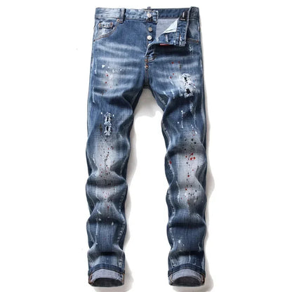 maoxiangshop Men Blue Denim Jeans Skinny Holes Jeans Italian Style Stretch Denim Pants High Quality Male Slim Fit Denim Trousers Size 42