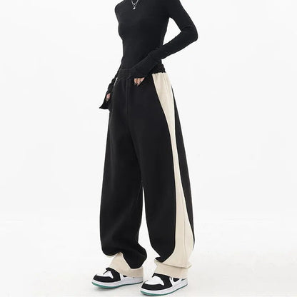 maoxiangshopHip Hop Women Contrast Color Wide Leg Pants Spring Summer Streetwear Fashion Elastic Waist Loose Sports Casual Straight Trousers