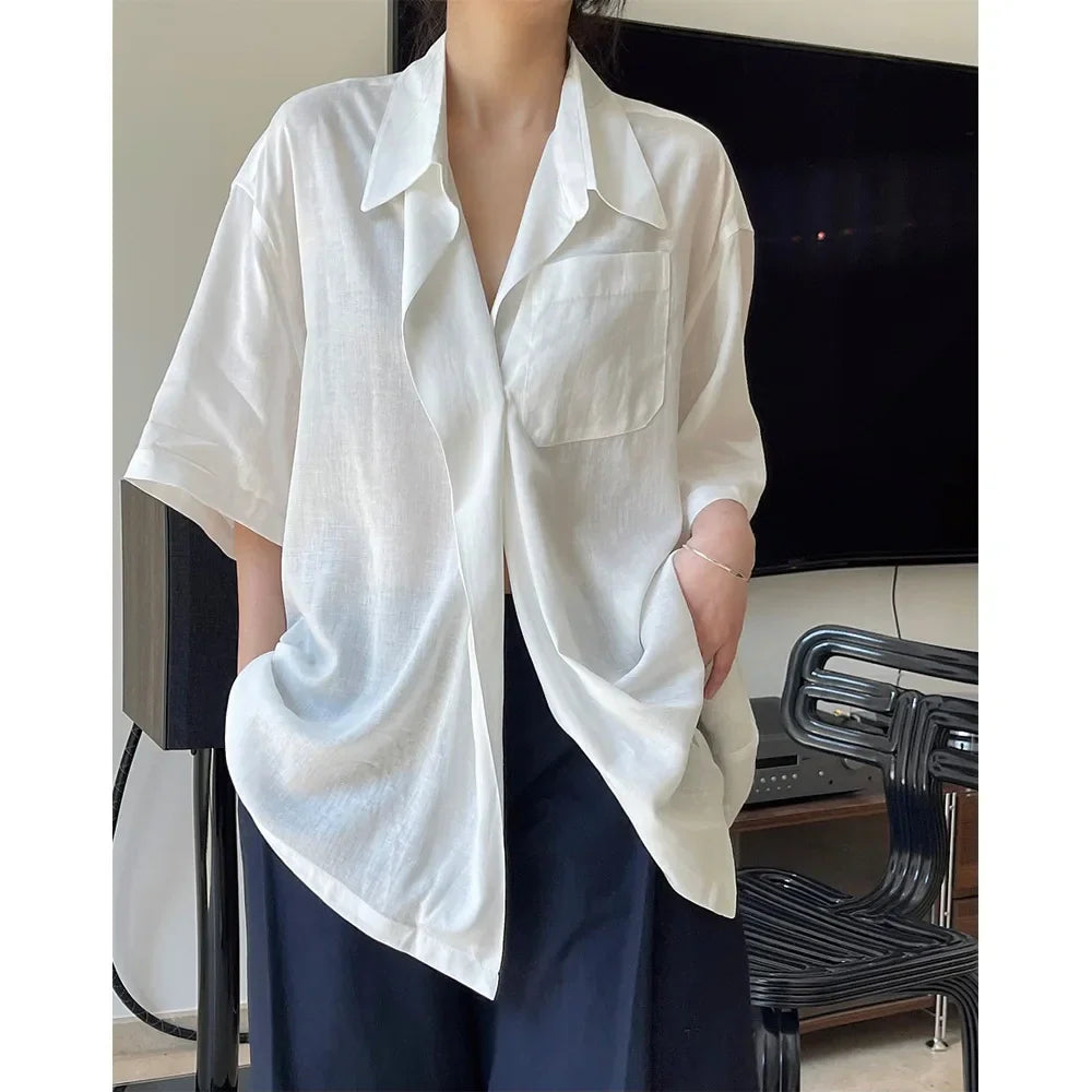 maoxiangshop 2024 Summer Slightly Transparent Linen Short Sleeve Shirt Women Design Sense Lapel Loose Silhouette Cool Top Female