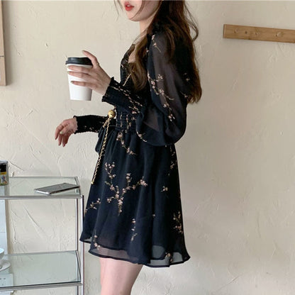 Autumn Womens Sexy Black Dress Vintage Flower Long Puff Sleeve Chiffon Dresses Korean Casual Mini Vestidos Mujer Clothes