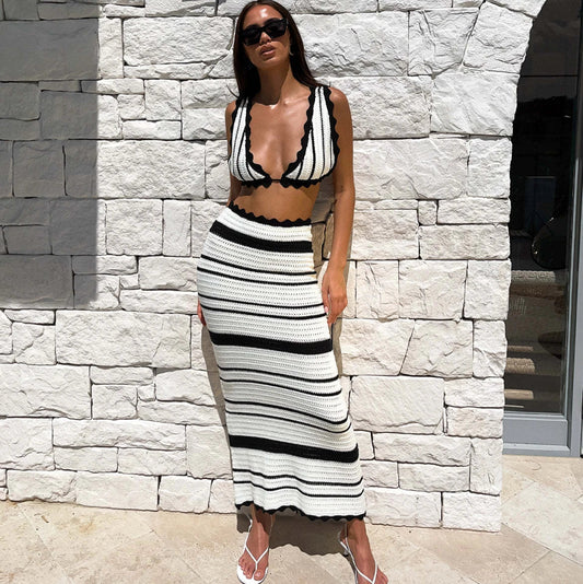 Fashion Summer Dresses Contrast Striped Dress Set Sexy Black And White Tank Top And Skirt Bohemian Beachwear