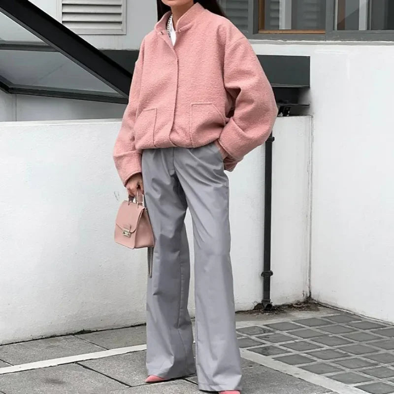 maoxiangshop  -  Woman's Oversized Bomber Jacket Autumn Round Neck Long Sleeve Pocket Hidden Button Loose Jackets Coat Female Outerwear