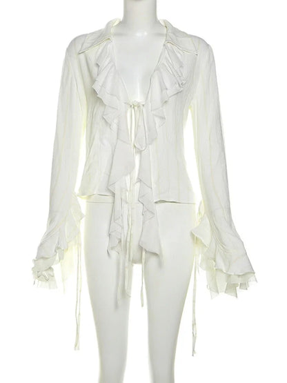 maoxiangshop  -  Sexy Hollow Lace Up Lapel Cardigan Top Female Ruffled Splice Slim Hot Girl T Shirt Fashion Long Sleeve Solid Autumn New