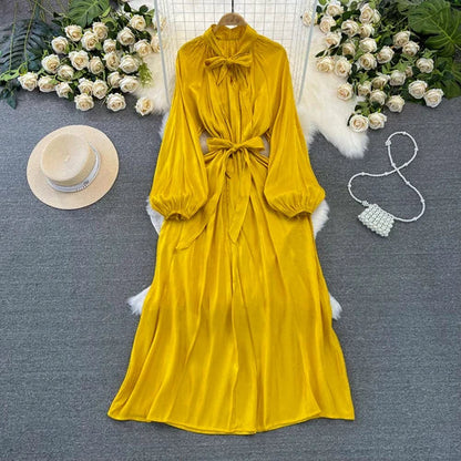 maoxiangshop Frenchic Vintage Long Dress Women Lace-up Bow Collar Lantern Sleeve Female Vestidos De Mujer Spring Elegant Dresses