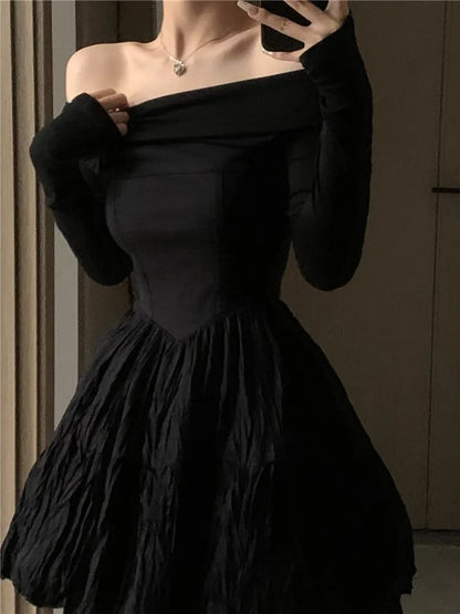 maoxiangshop Black Mini Dress Women Long-sleeve Gothic Ball Gown Chic Party Wear Temper Vintage Slash Neck Sexy French Style Defined Vestidos