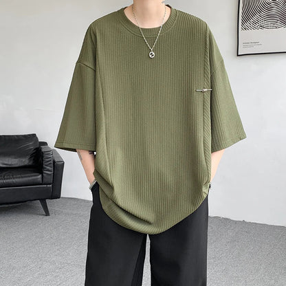 maoxiangshop Black/White/Green Pleated T Shirt For Men Summer Short Sleeve Plain T-Shirt Fashion Shirts Round Collar Sports Tops Tee