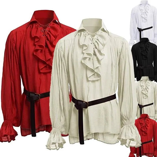 maoxiangshop Medieval Renaissance Lacing Up Shirt Bandage Tops Ruffles Shirt Fashion Men Vintage Costume Fluffy Long Sleeve Male