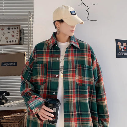 maoxiangshop Harajuku Long Sleeve Plaid Shirts Men Big Size M-5XL Autumn Chic Loose Vintage High Street All-match Gentleman Camisa