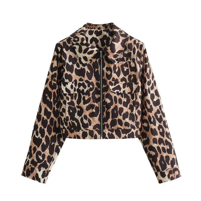 maoxiangshop  -  Women Casual Leopard Print Bomber Jacket Elegant Lapel Long Sleeves Zipper Pockets Loose Coat 2024 Autumn Lady High Streetwewar