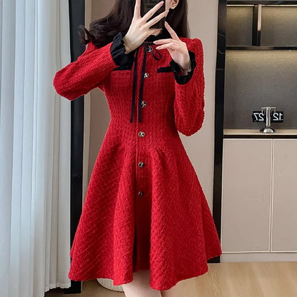 maoxiangshop New Women's Tweed Pleated Mini Dress Autumn Long Sleeve Korean Style Single Breasted Ruffle Fashion Office Lady Vintage Dresses